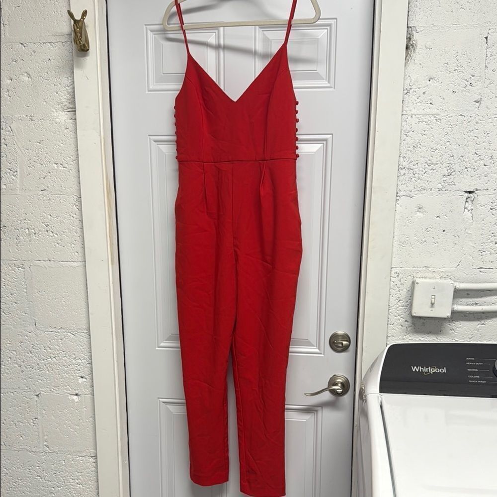 Lovers + Friends Red Spaghetti Strap Jumpsuit with Button Side Design - Pockets